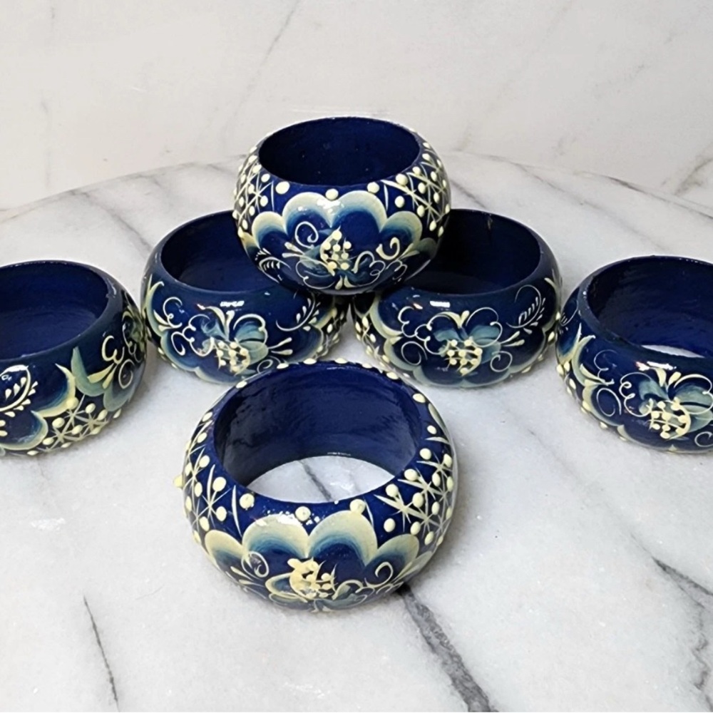 Set of 6 Hand-Painted Wooden Napkin Rings | Russian Folk Art | Gzhel Style Decor